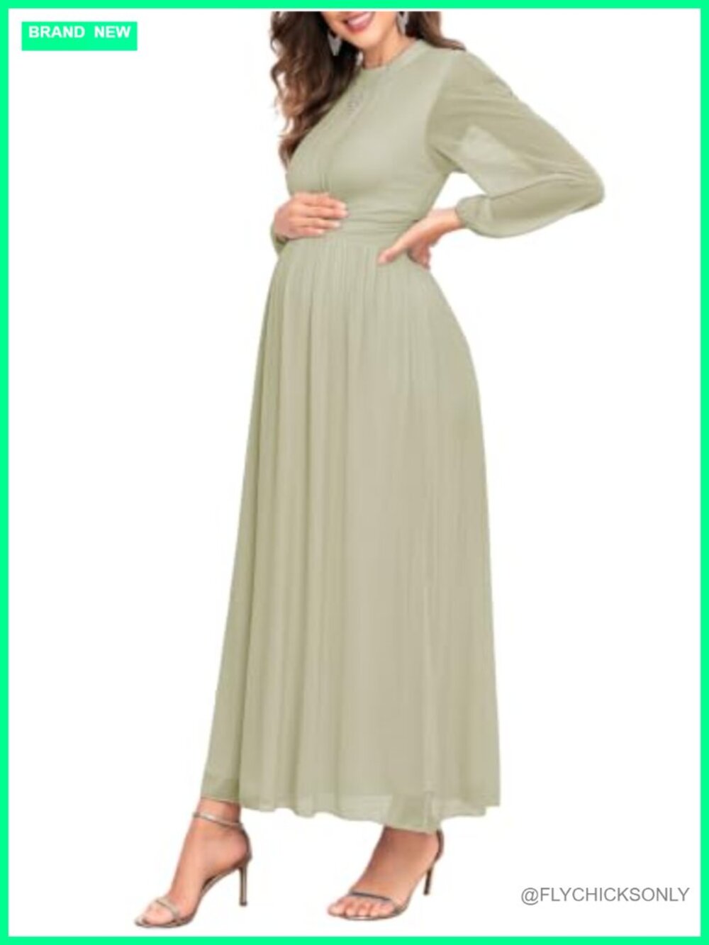 Maternity Mesh A-Line Maxi Dress Mock Neck Long Sleeve Baby Shower